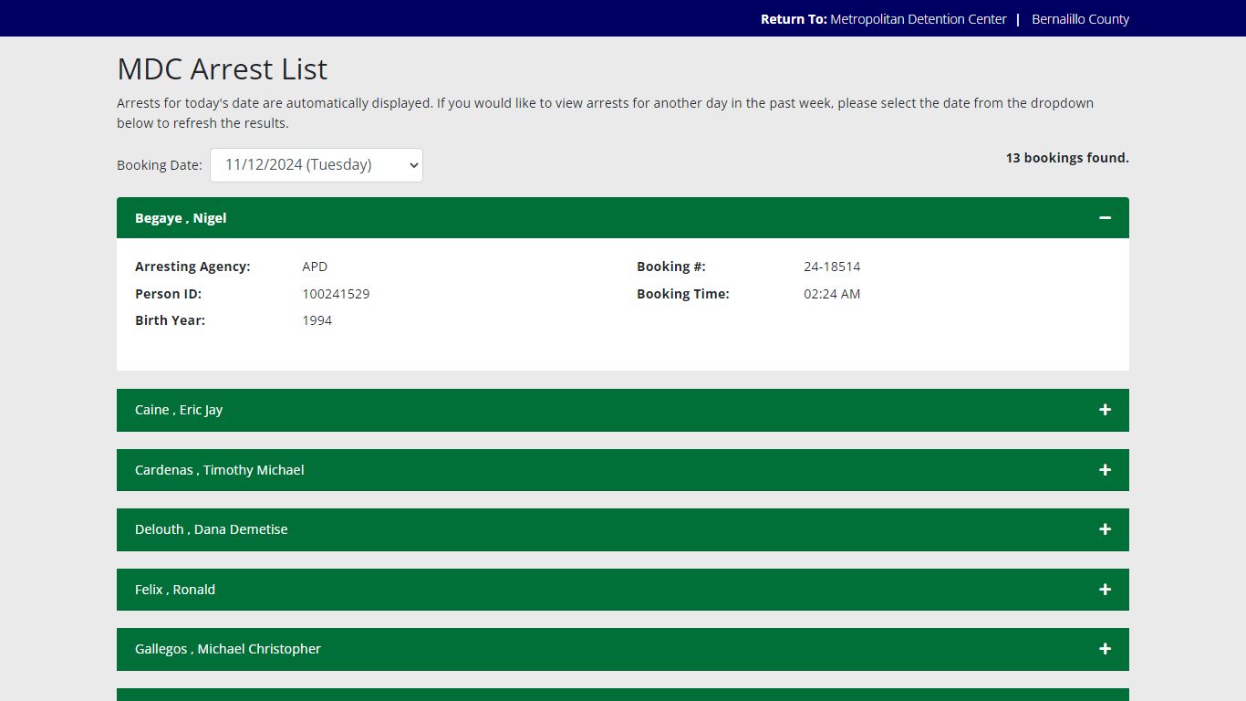 Custody List Search Results - Bernalillo County